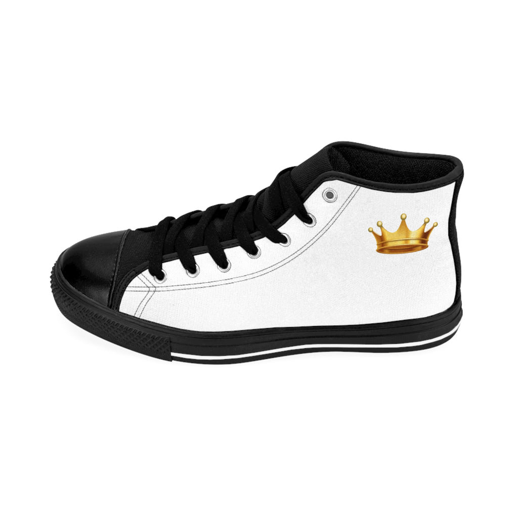 Kingly Character High-Top Sneakers — Men's Classic White Canvas Shoes with Gold Crown Accent