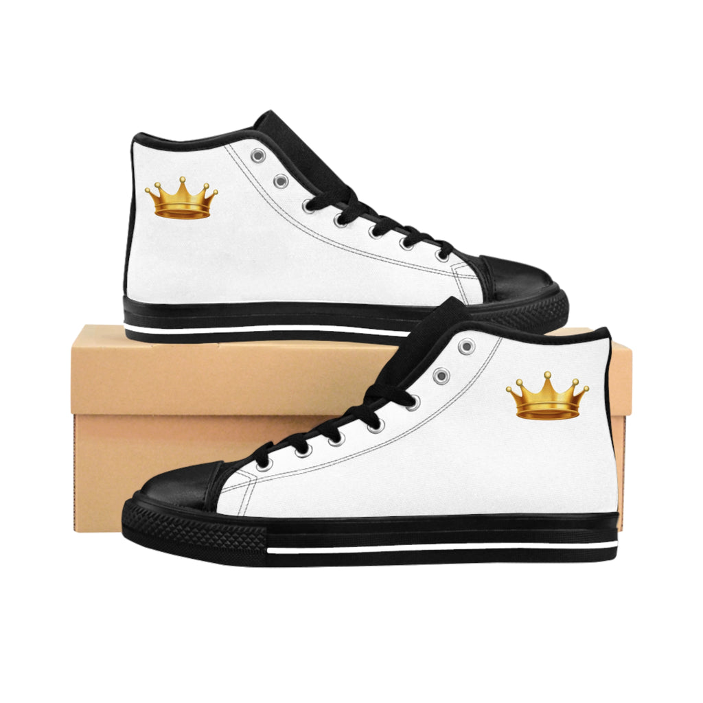 Kingly Character High-Top Sneakers — Men's Classic White Canvas Shoes with Gold Crown Accent
